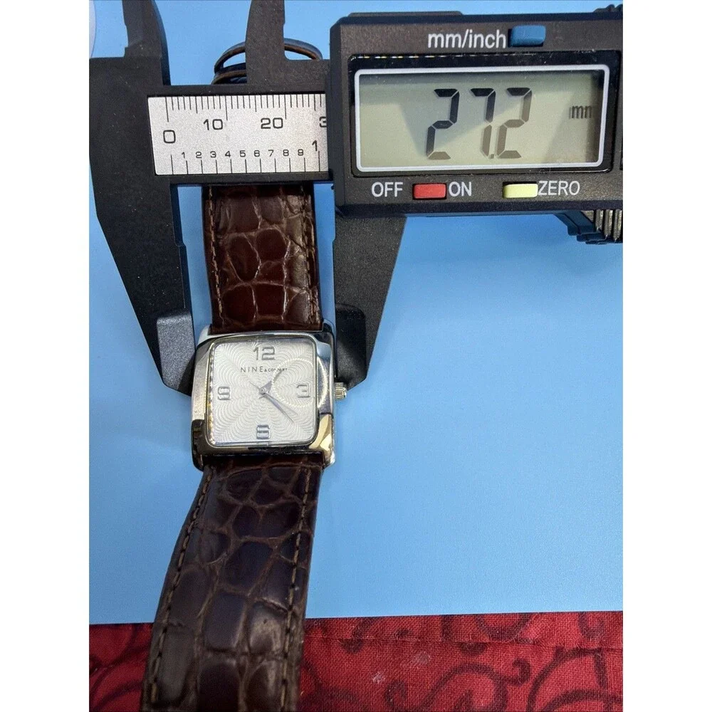 Nine Company Watch Brown Buckle Band Silver Toned Rectangular Face New Battery